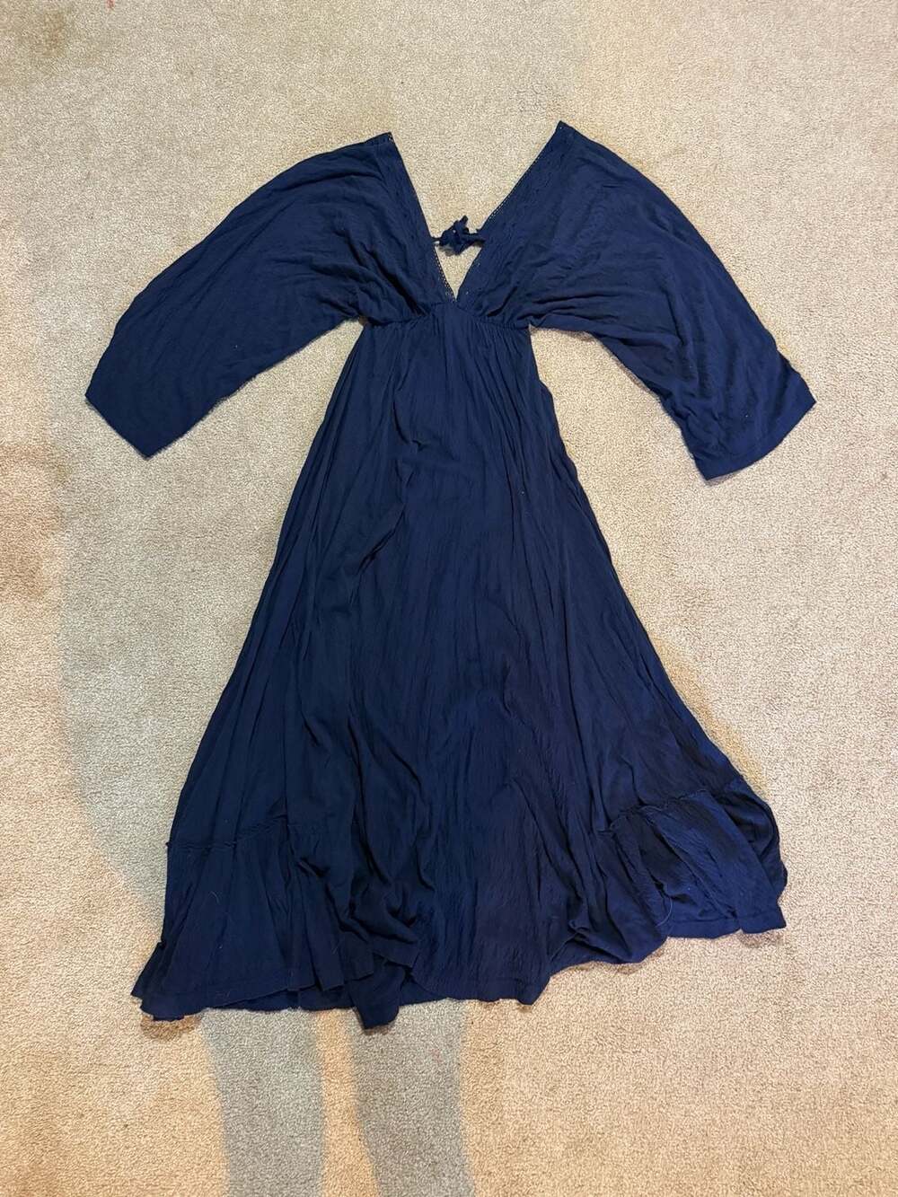 Free People Maxi Dress Size M Blue V-Neck Long Sleeve Cutout Boho